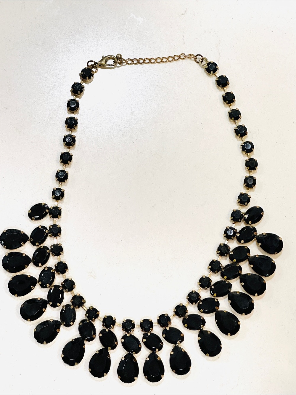 Black Faceted Teardrop Statement Bib Necklace Gold Tone